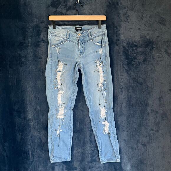 BEBE Rhinestones Embellished Blue Denim Distressed Jeans Ankle Womans Size 27 - Picture 1 of 6